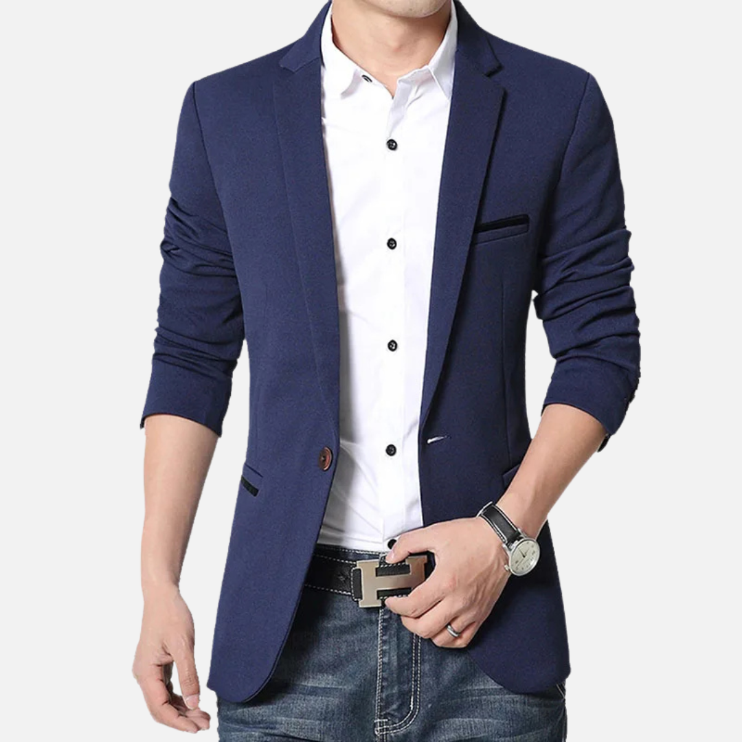 Blazer Masculino Drauffen DF146, confeccionado em algodão, com modelagem slim fit, bolsos discretos e botões sofisticados, ideal para um visual moderno e refinado.