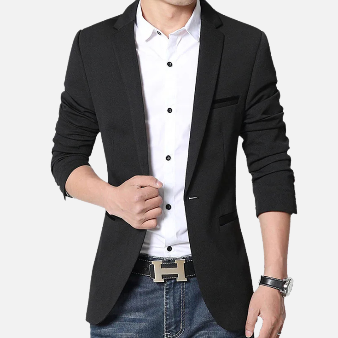 Blazer Masculino Drauffen DF146, confeccionado em algodão, com modelagem slim fit, bolsos discretos e botões sofisticados, ideal para um visual moderno e refinado.
