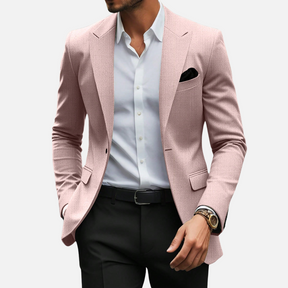Blazer Masculino Drauffen DF149, confeccionado em poliéster, com gola virada, ajuste solto e fechamento frontal por botões, ideal para um visual sofisticado.