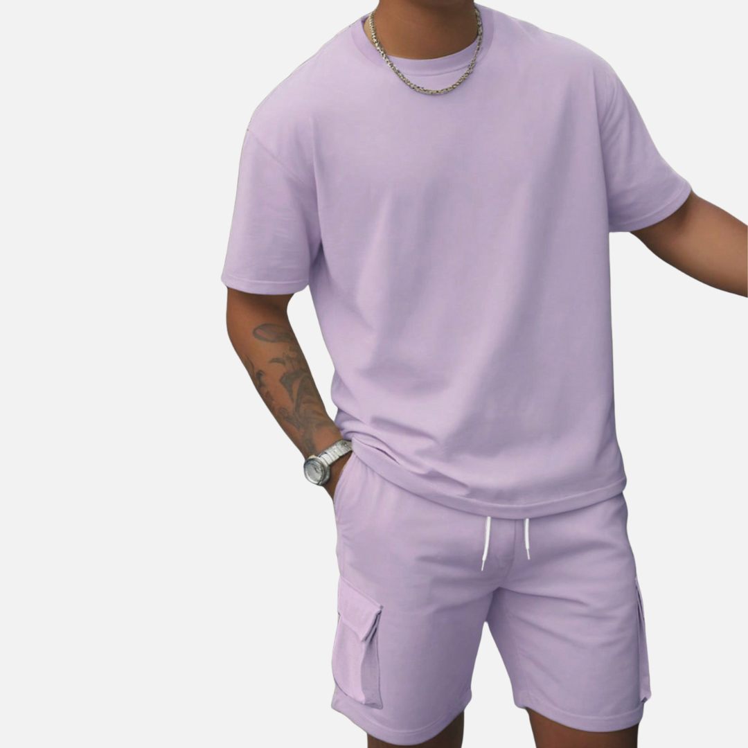 Conjunto Camisa e Short Masculino Drauffen DF064, com gola redonda reforçada, acabamento simples e cintura ajustável, ideal para um visual casual e confortável.