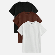 Kit 03 Camisas Masculinas Texturizadas Drauffen DF080, em malha canelada, com gola redonda e mangas curtas, proporcionando conforto e estilo casual.