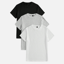 Kit 03 Camisas Masculinas Texturizadas Drauffen DF080, em malha canelada, com gola redonda e mangas curtas, proporcionando conforto e estilo casual.