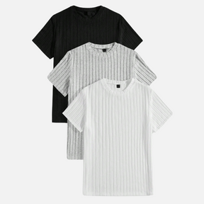 Kit 03 Camisas Masculinas Texturizadas Drauffen DF080, em malha canelada, com gola redonda e mangas curtas, proporcionando conforto e estilo casual.