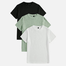 Kit 03 Camisas Masculinas Texturizadas Drauffen DF080, em malha canelada, com gola redonda e mangas curtas, proporcionando conforto e estilo casual.