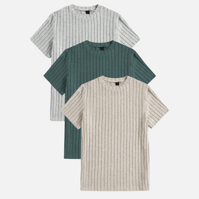 Kit 03 Camisas Masculinas Texturizadas Drauffen DF080, em malha canelada, com gola redonda e mangas curtas, proporcionando conforto e estilo casual.
