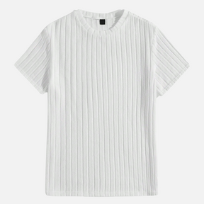 Kit 03 Camisas Masculinas Texturizadas Drauffen DF080, em malha canelada, com gola redonda e mangas curtas, proporcionando conforto e estilo casual.