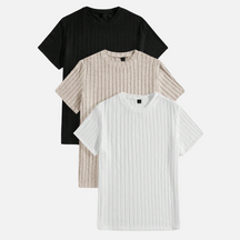 Kit 03 Camisas Masculinas Texturizadas Drauffen DF080, em malha canelada, com gola redonda e mangas curtas, proporcionando conforto e estilo casual.